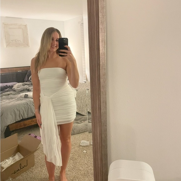 Lulus Dresses & Skirts - Strapless White Ruched Mini Body Con Dress with Side Drape